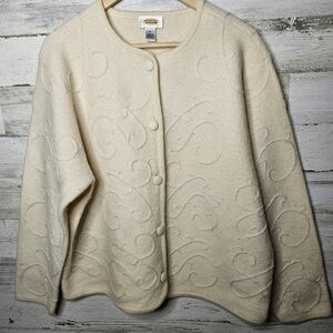 Vintage Talbots 100% Wool Cream Cardigan Sweater Womens XL Swirl print